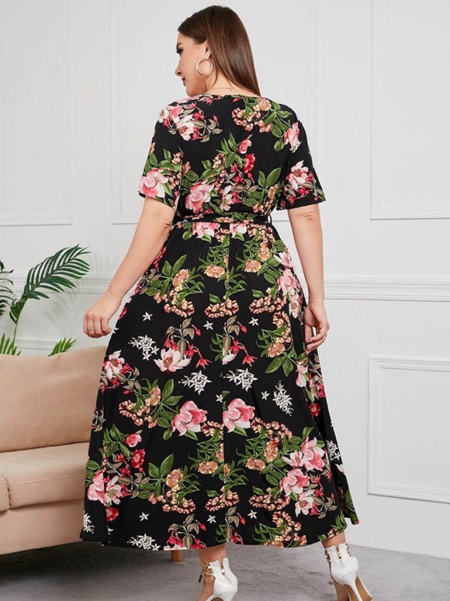 Clothing Retro Stage | [Plus Size] 1940S Floral V-Neck Tie-Up Dress Multicolor