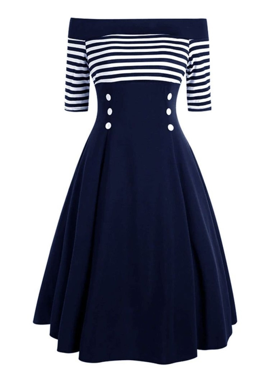 Clothing Retro Stage | Navy 1950S Off Shoulder Swing Dress Navy Blue