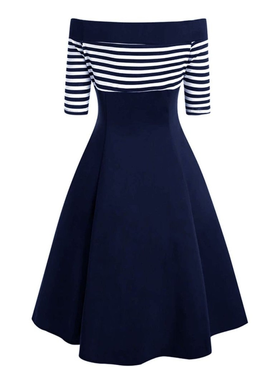 Clothing Retro Stage | Navy 1950S Off Shoulder Swing Dress Navy Blue