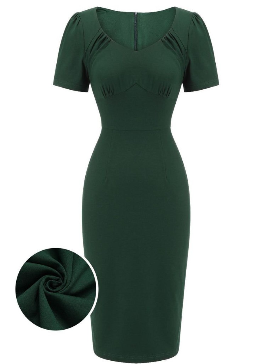 Clothing Retro Stage | 1940S Solid Wrap Dress Dark Green