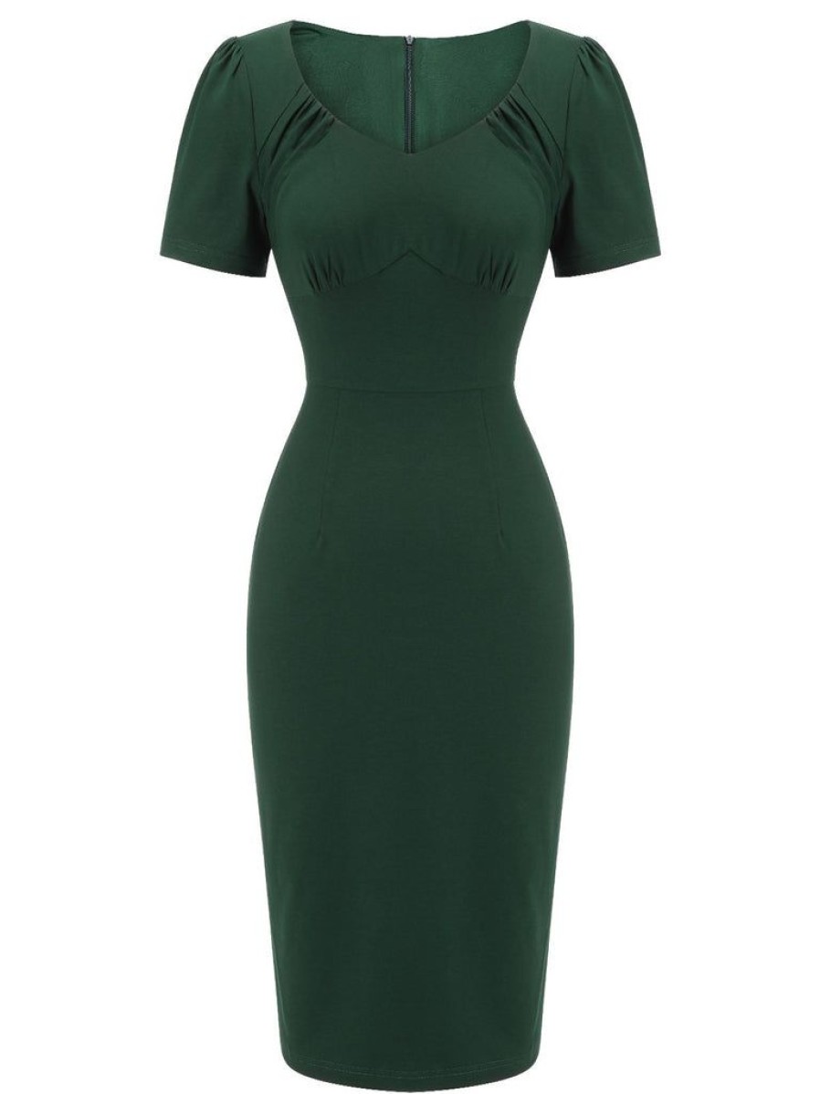 Clothing Retro Stage | 1940S Solid Wrap Dress Dark Green