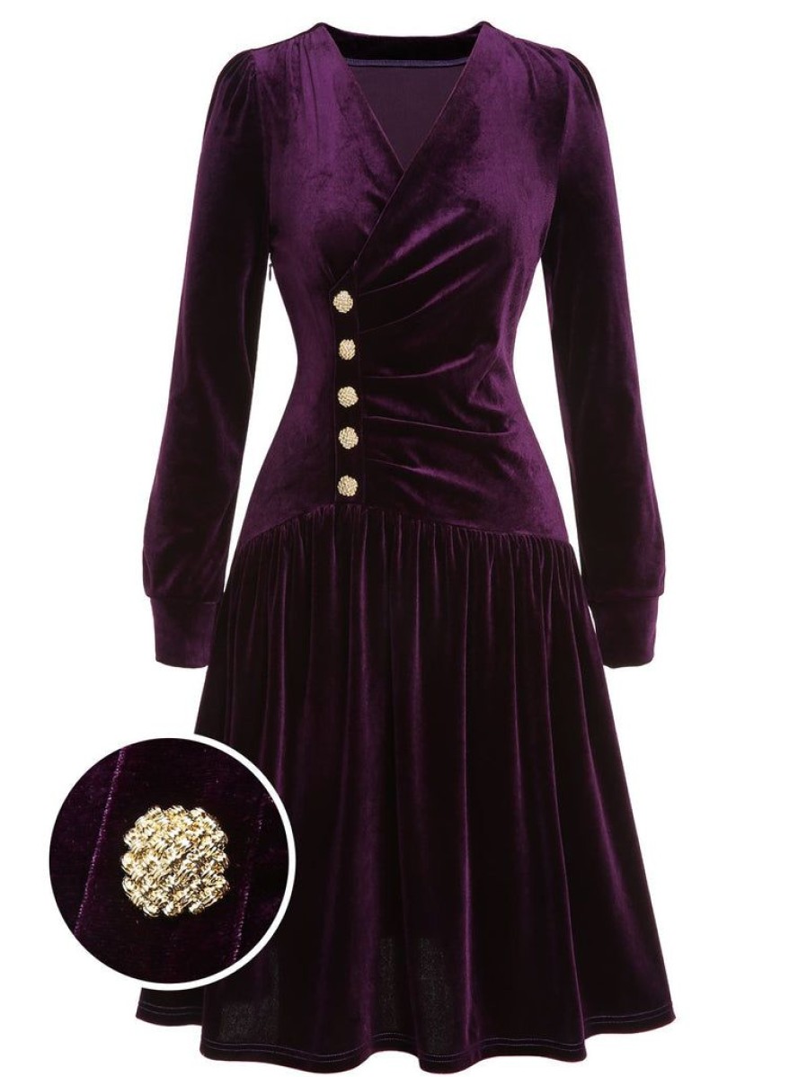 Clothing Retro Stage | [Pre-Sale] 1940S Solid Velvet Buttons Dress Purple