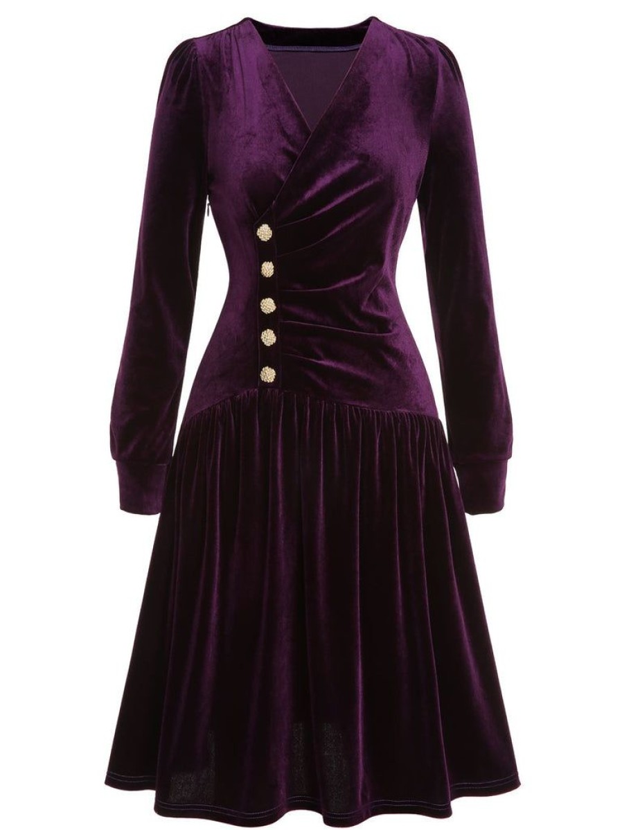 Clothing Retro Stage | [Pre-Sale] 1940S Solid Velvet Buttons Dress Purple