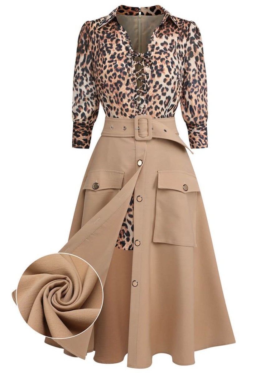 Clothing Retro Stage | 2Pcs 1950S Leopard Lapel Romper Skirt Khaki