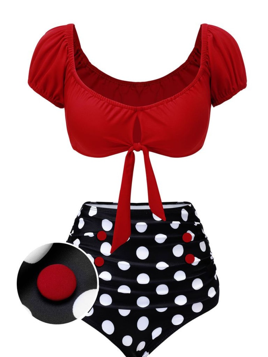 Clothing Retro Stage | 1950S Polka Dot Halter Swimsuit Red & Black