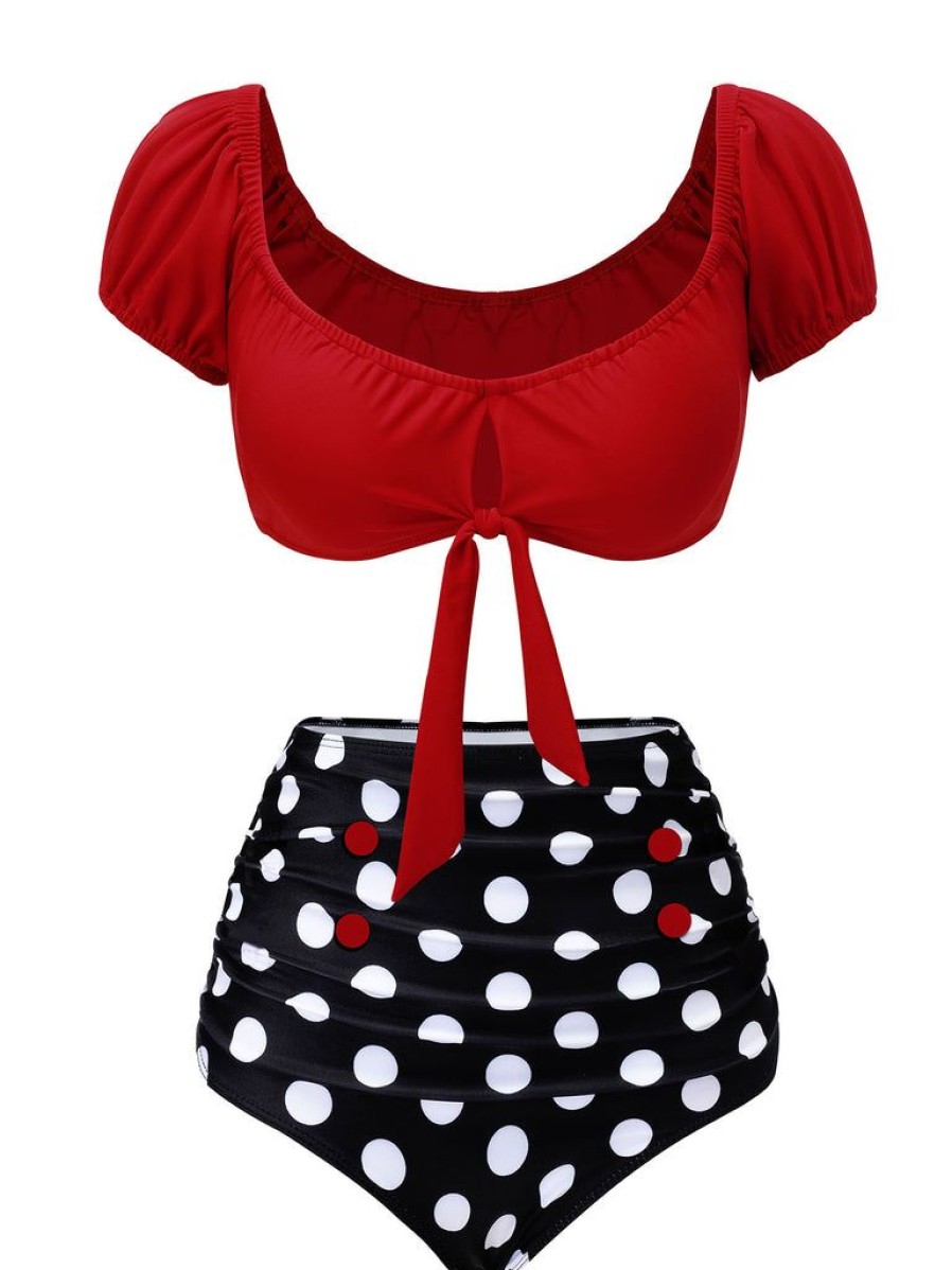 Clothing Retro Stage | 1950S Polka Dot Halter Swimsuit Red & Black