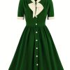 Clothing Retro Stage | 1940S Color Contrast Button Lapel Bow Dress