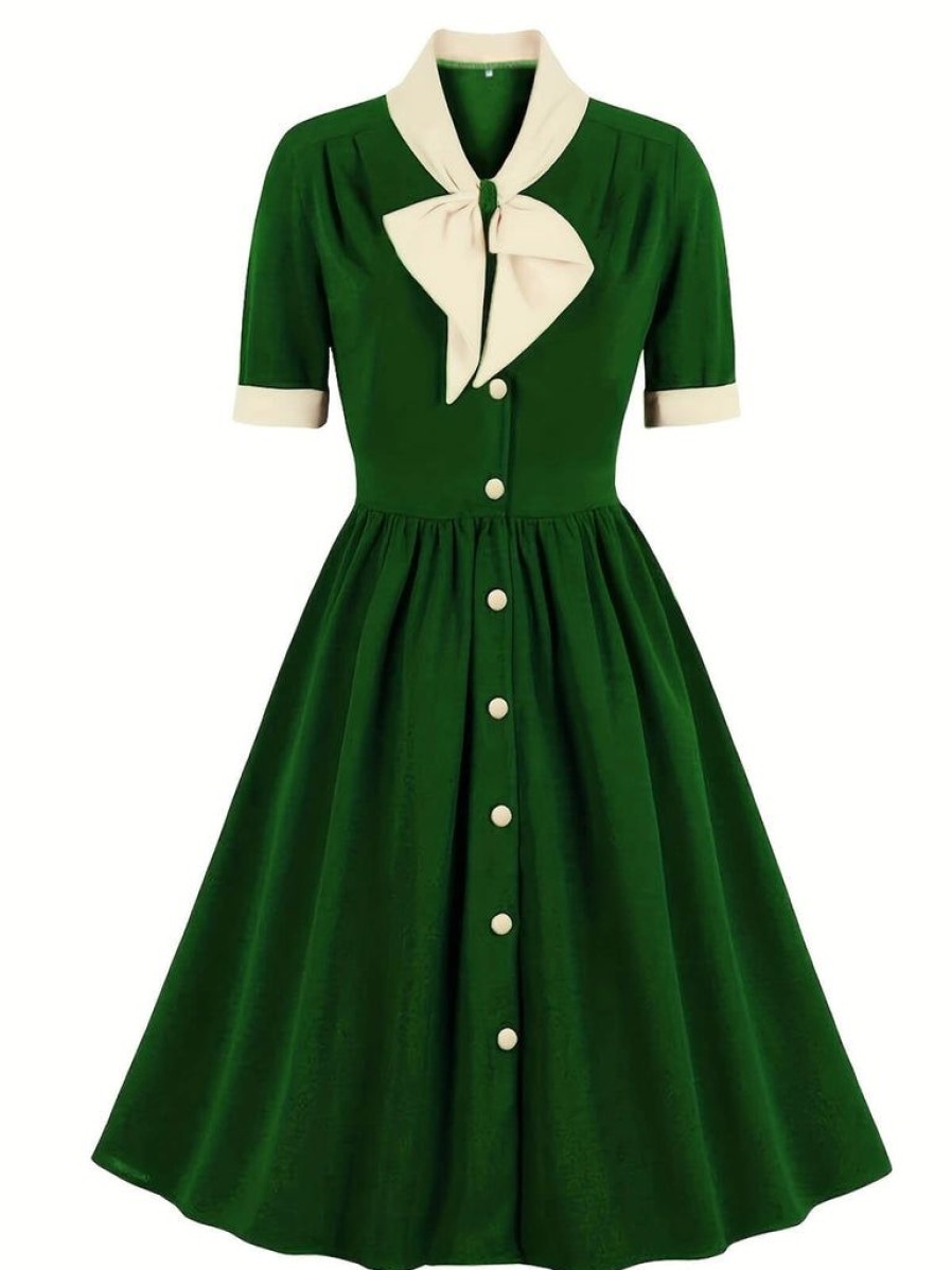 Clothing Retro Stage | 1940S Color Contrast Button Lapel Bow Dress