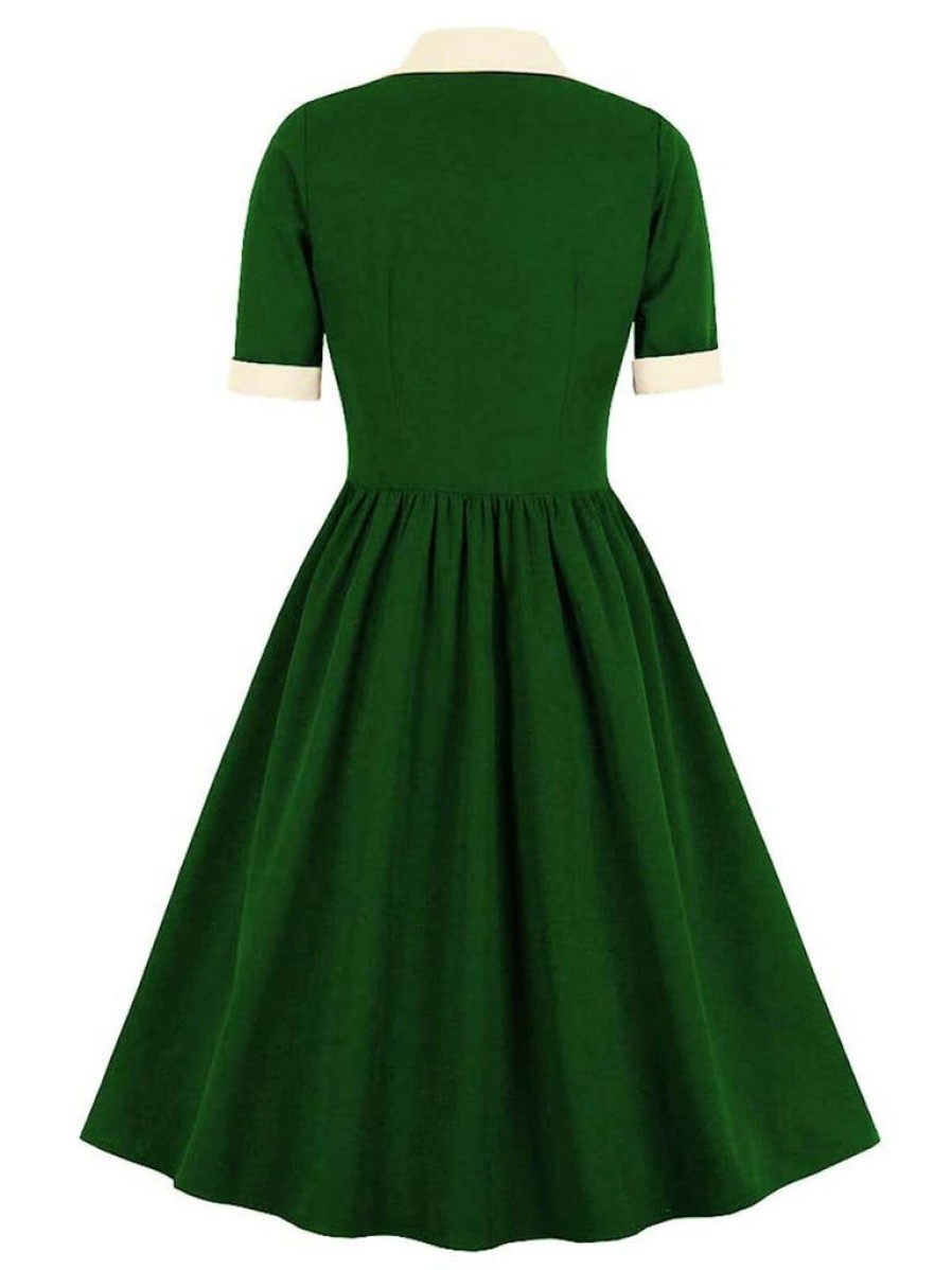 Clothing Retro Stage | 1940S Color Contrast Button Lapel Bow Dress