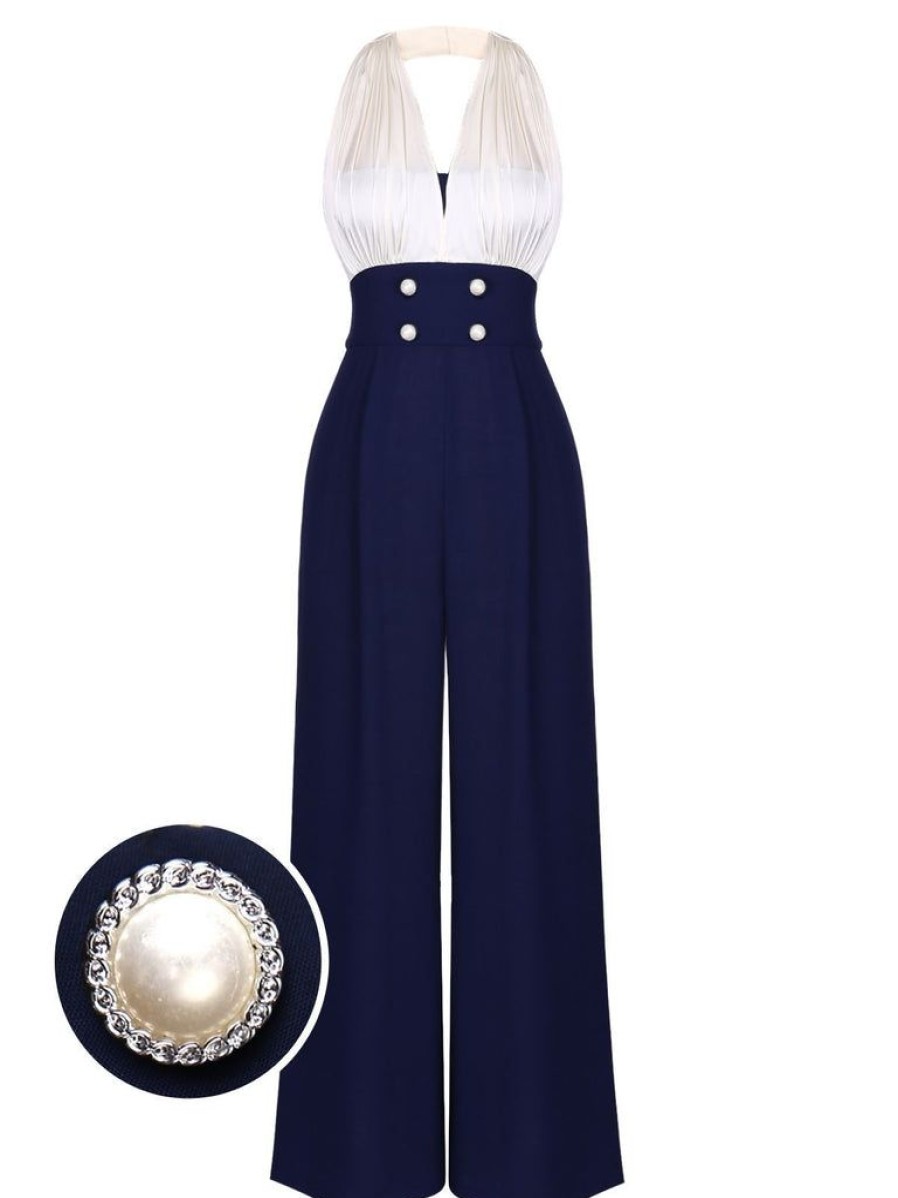 Clothing Retro Stage | 1930S Halter Patchwork Jumpsuit Blue