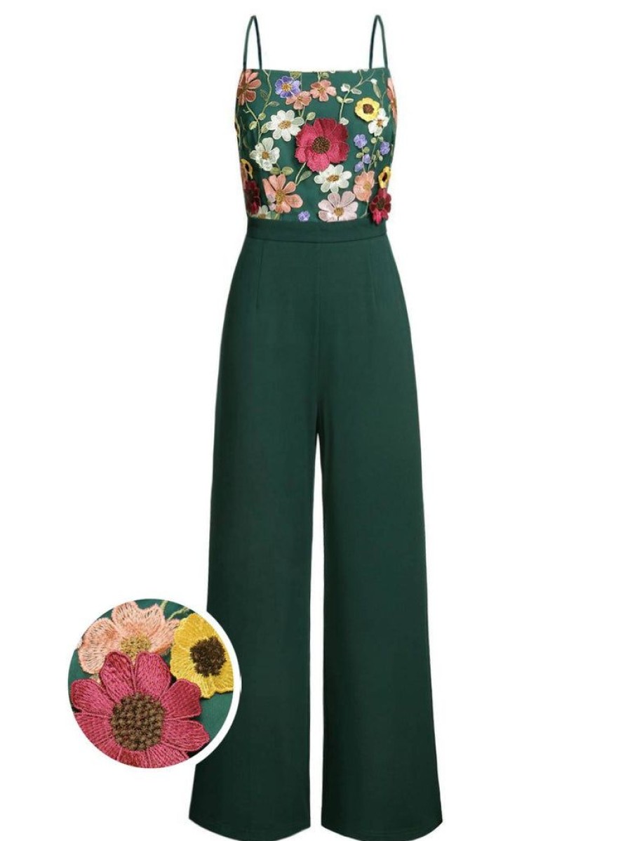 Clothing Retro Stage | 1930S 3D Floral Strap Patchwork Jumpsuit Green