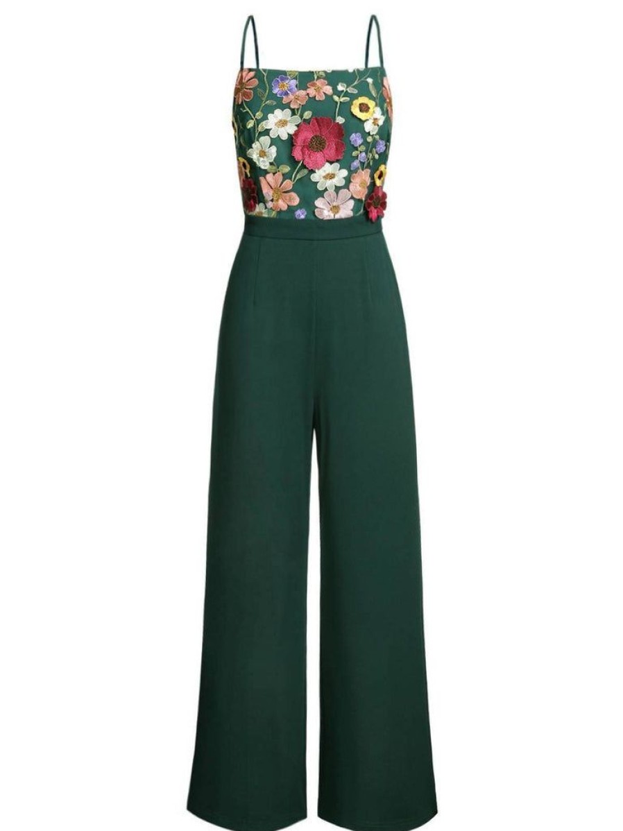 Clothing Retro Stage | 1930S 3D Floral Strap Patchwork Jumpsuit Green