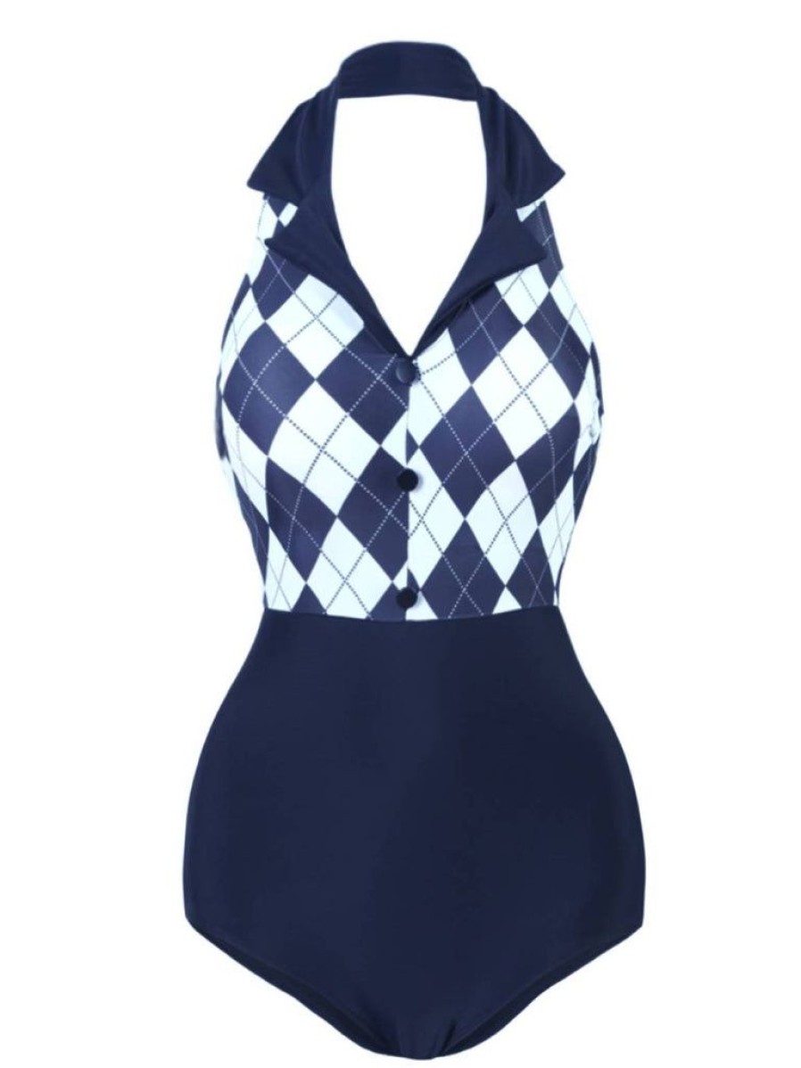 Clothing Retro Stage | 1930S Halter Plaid One-Piece Swimsuit Navy Blue