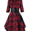 Clothing Retro Stage | [Pre-Sale] [Plus Size] 1950S 3/4 Sleeve Plaid Belt Long Tops Red