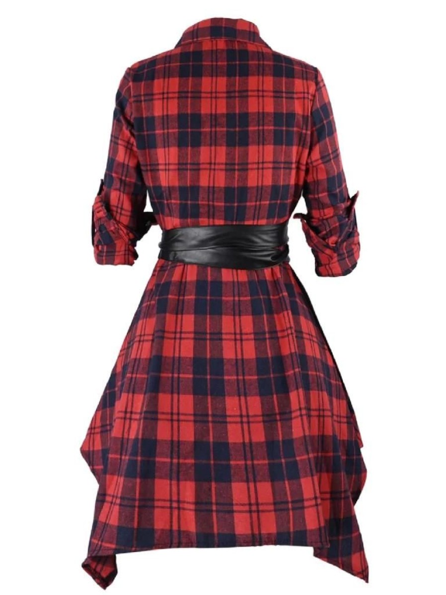 Clothing Retro Stage | [Pre-Sale] [Plus Size] 1950S 3/4 Sleeve Plaid Belt Long Tops Red