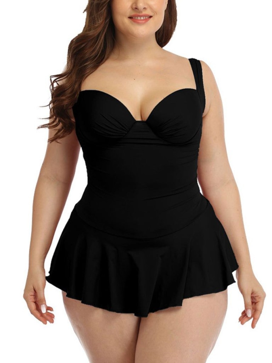 Clothing Retro Stage | [Plus Size] 1950S Solid Skirted Swimsuit