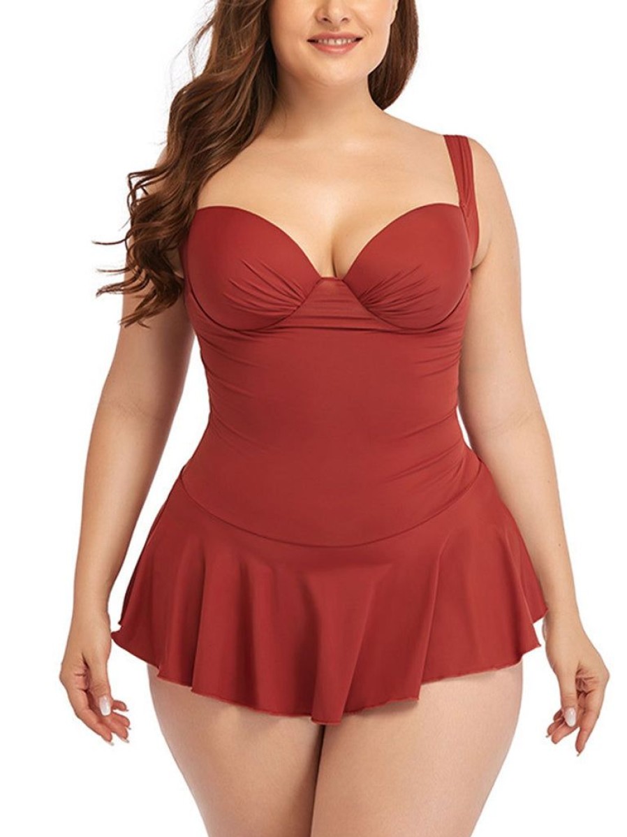 Clothing Retro Stage | [Plus Size] 1950S Solid Skirted Swimsuit