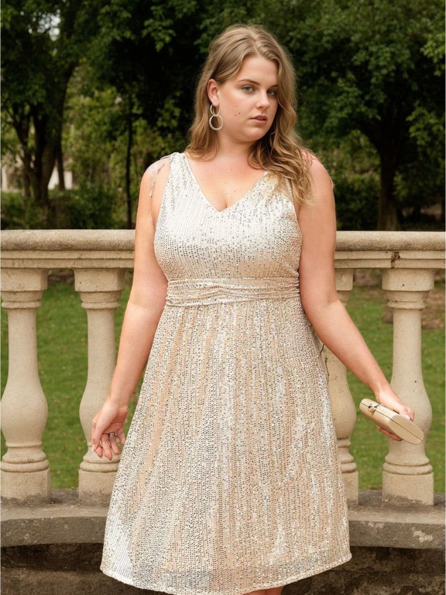 Clothing Retro Stage | [Plus Size] 1950S Sleeveless Sequined Dress Gold