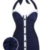 Clothing Retro Stage | [Plus Size] 1950S Pleated Halter Swimsuit Navy Blue