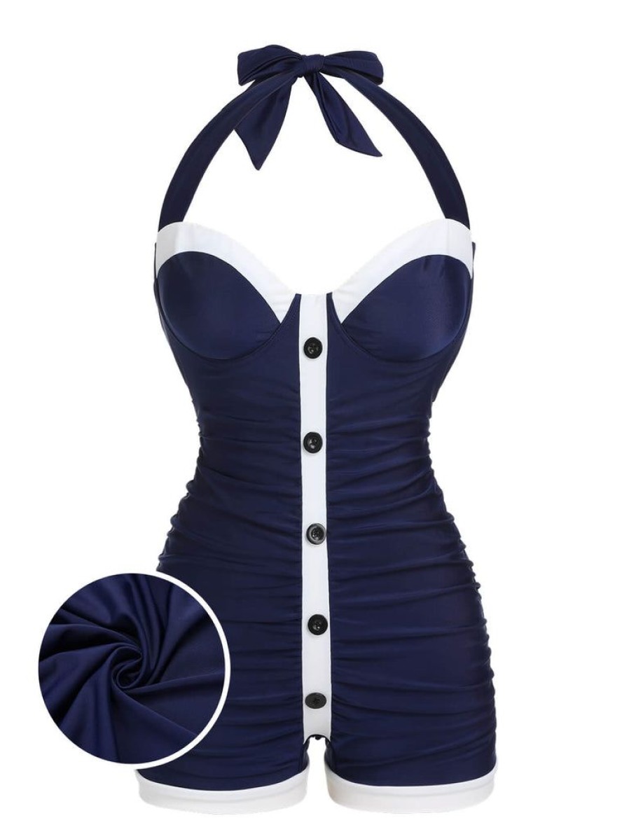 Clothing Retro Stage | [Plus Size] 1950S Pleated Halter Swimsuit Navy Blue