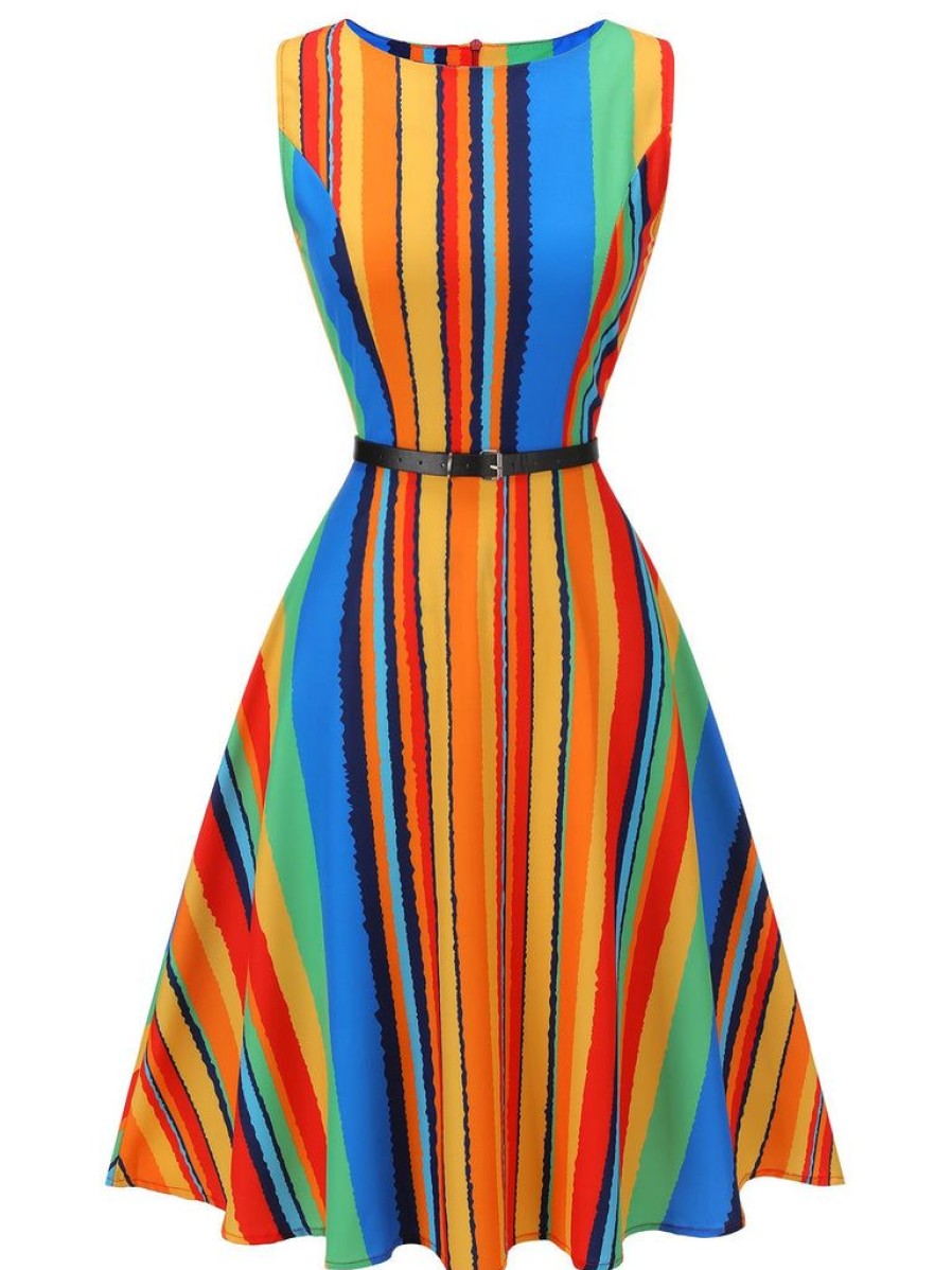 Clothing Retro Stage | 1950S Stripe Crew Dress With Belt Multi