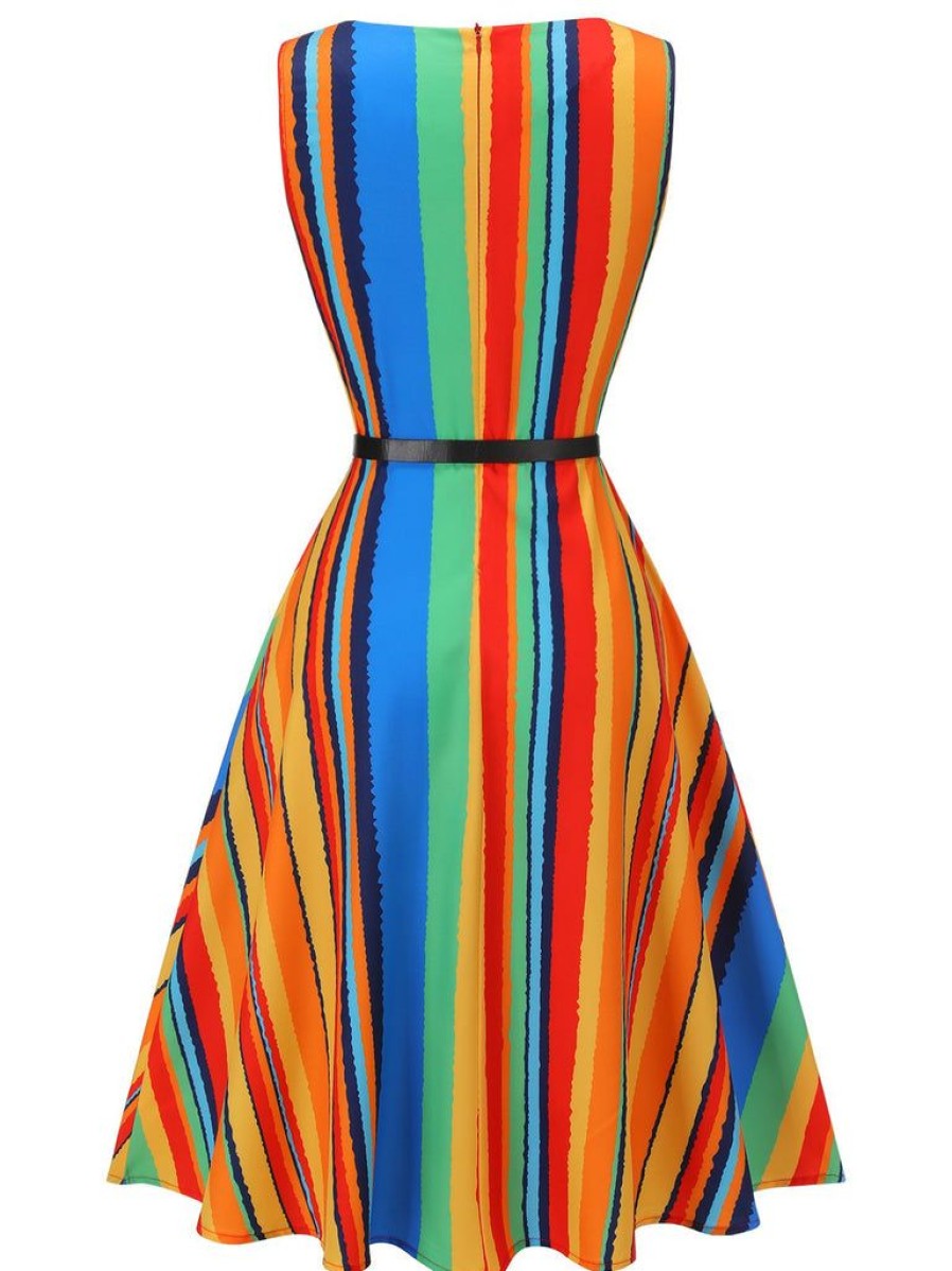 Clothing Retro Stage | 1950S Stripe Crew Dress With Belt Multi