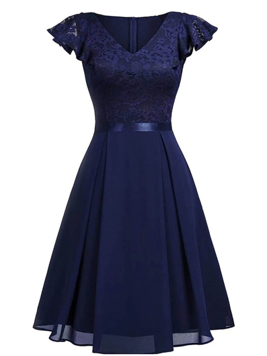 Clothing Retro Stage | 1940S Solid Cap Sleeve Lace Dress