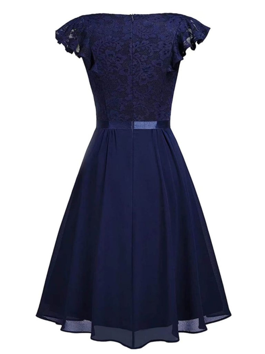 Clothing Retro Stage | 1940S Solid Cap Sleeve Lace Dress