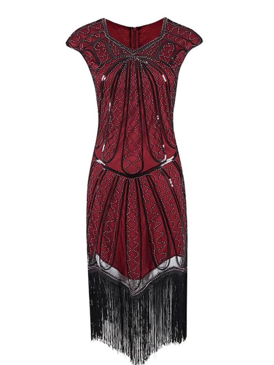 Clothing Retro Stage | 1920S Sequin Fringed Gatsby Dress Wine Red