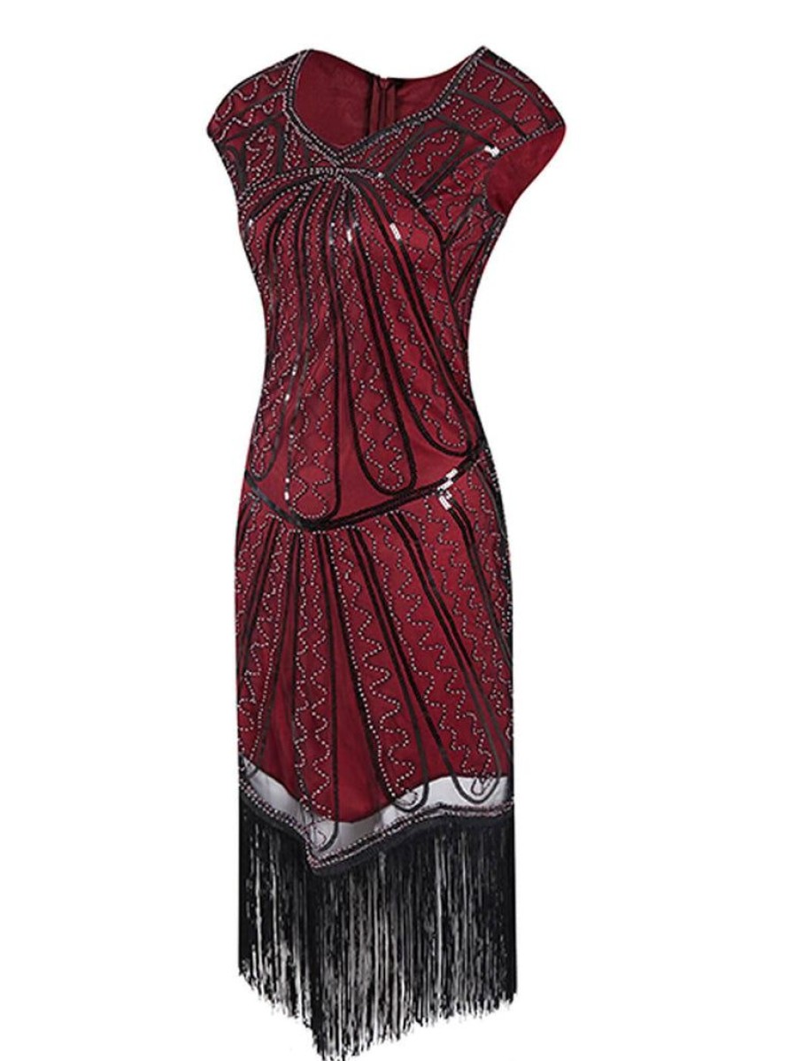 Clothing Retro Stage | 1920S Sequin Fringed Gatsby Dress Wine Red