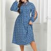 Clothing Retro Stage | [Plus Size] 1940S Lace Up Puff Sleeve Dress Blue