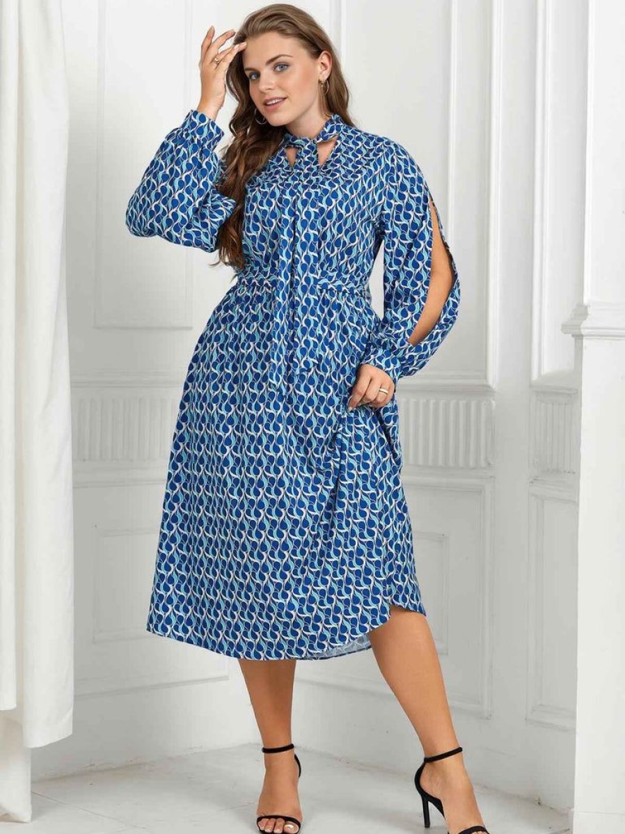 Clothing Retro Stage | [Plus Size] 1940S Lace Up Puff Sleeve Dress Blue