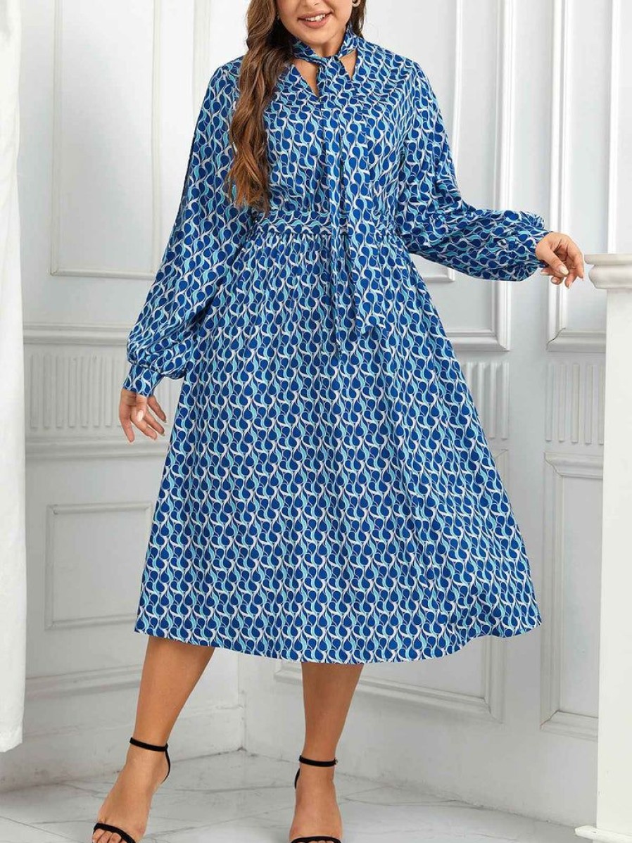 Clothing Retro Stage | [Plus Size] 1940S Lace Up Puff Sleeve Dress Blue