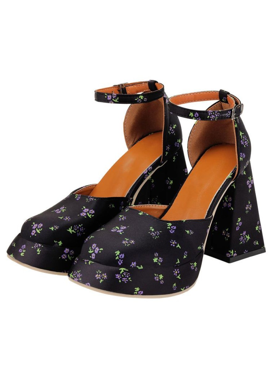 Shoes Retro Stage | Retro Square Toe Floral High Heels Black