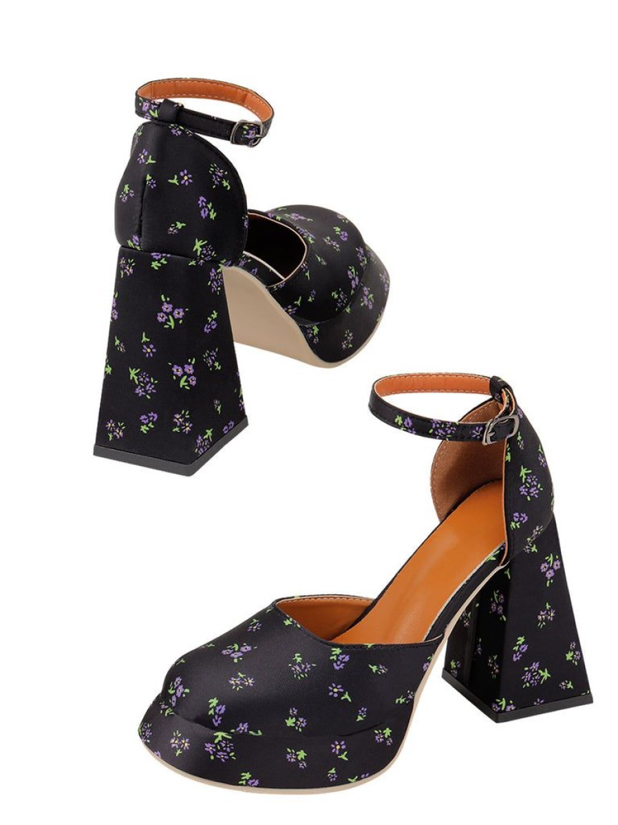 Shoes Retro Stage | Retro Square Toe Floral High Heels Black