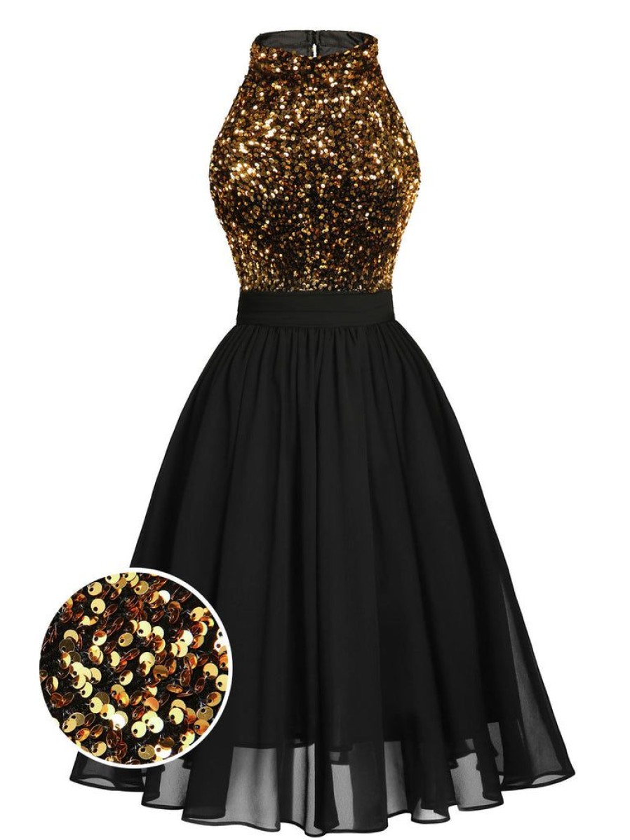 Clothing Retro Stage | 1950S Gold Glitter Patchwork Dress Black