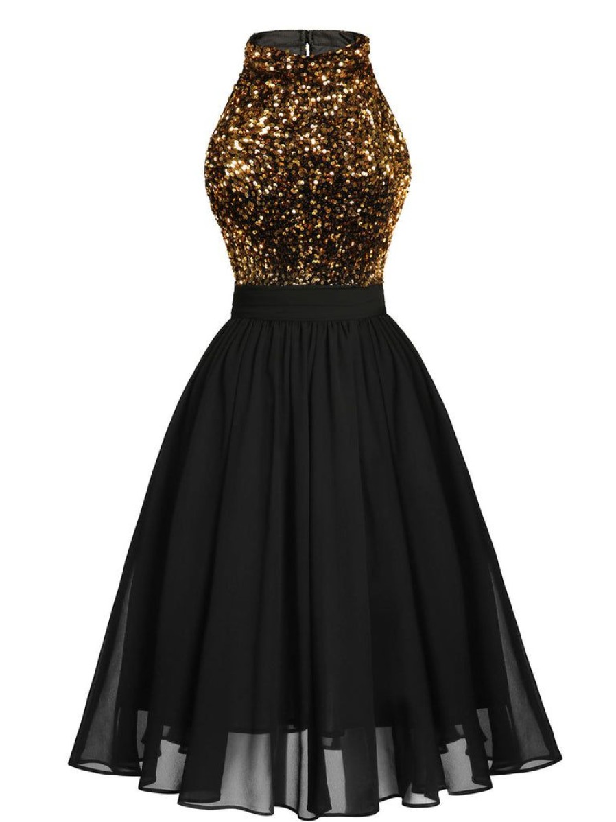 Clothing Retro Stage | 1950S Gold Glitter Patchwork Dress Black