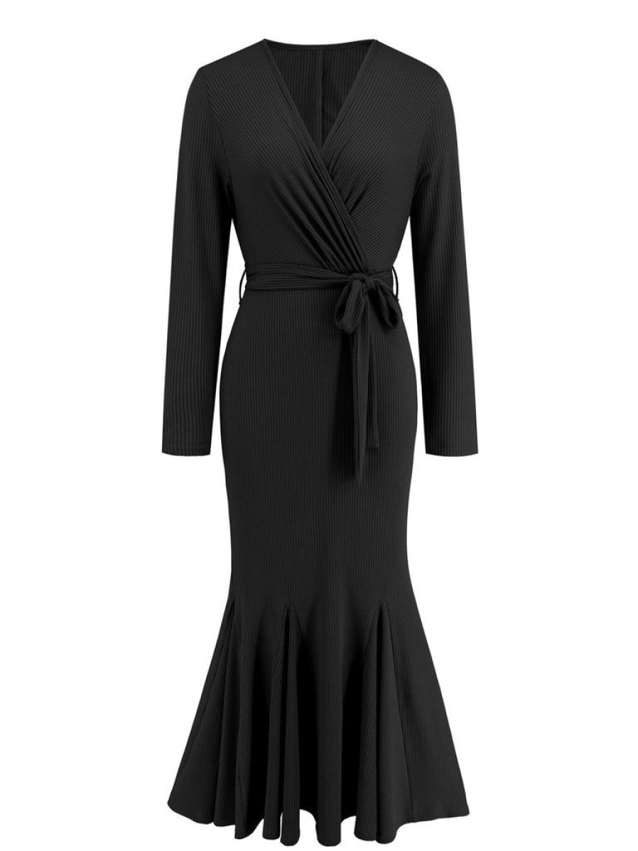 Clothing Retro Stage | 1930S V-Neck Solid Long-Sleeved Knitted Fishtail Dress