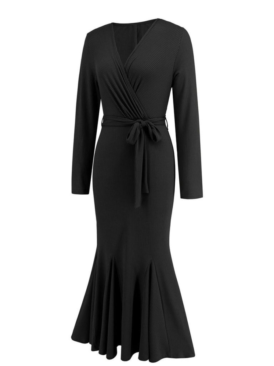 Clothing Retro Stage | 1930S V-Neck Solid Long-Sleeved Knitted Fishtail Dress