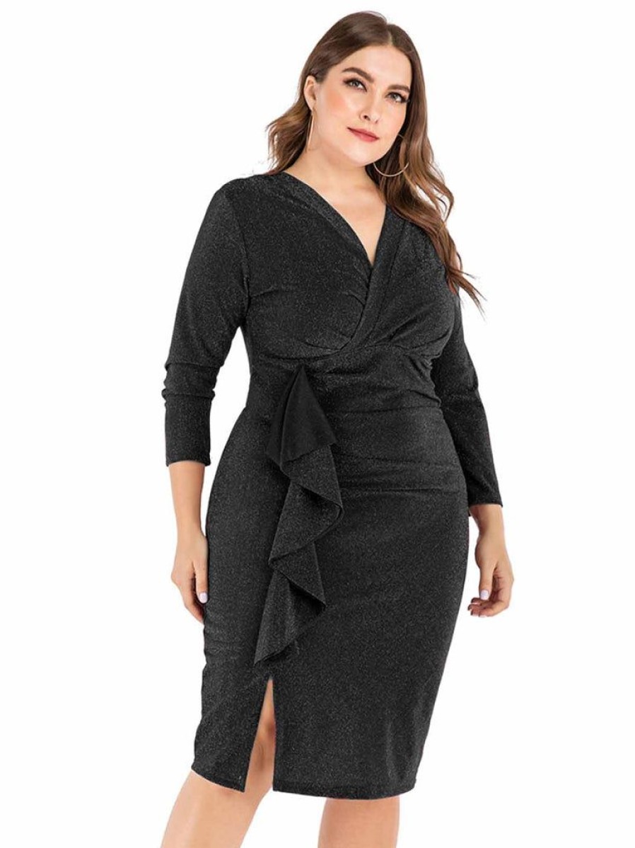 Clothing Retro Stage | [Plus Size] 1960S Glitter V-Neck Side Slit Dress