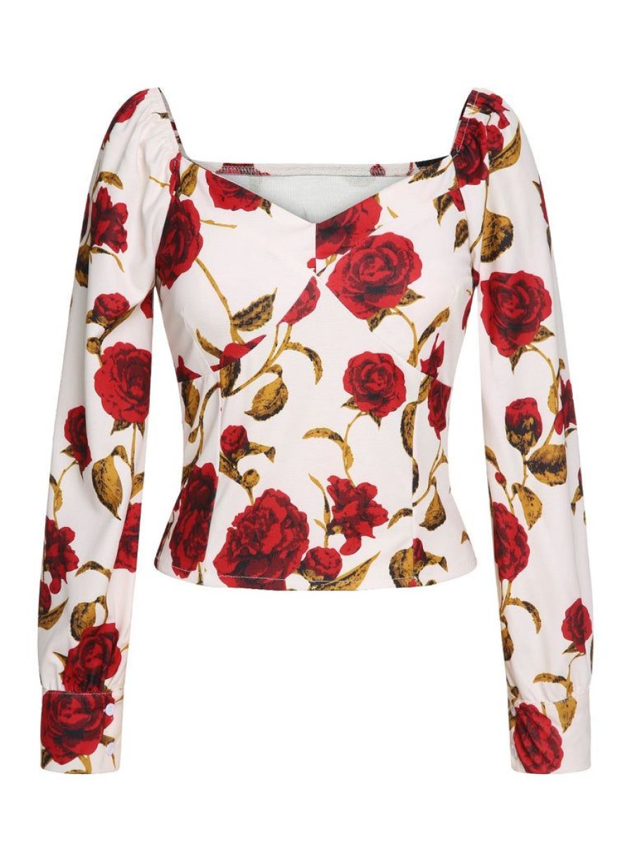 Clothing Retro Stage | [Pre-Sale] 1960S Christmas French Rose Floral Slashed Blouse Red