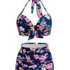 Clothing Retro Stage | Retro Halter Bow Floral Bikini Navy Blue