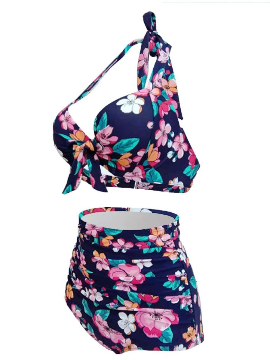 Clothing Retro Stage | Retro Halter Bow Floral Bikini Navy Blue