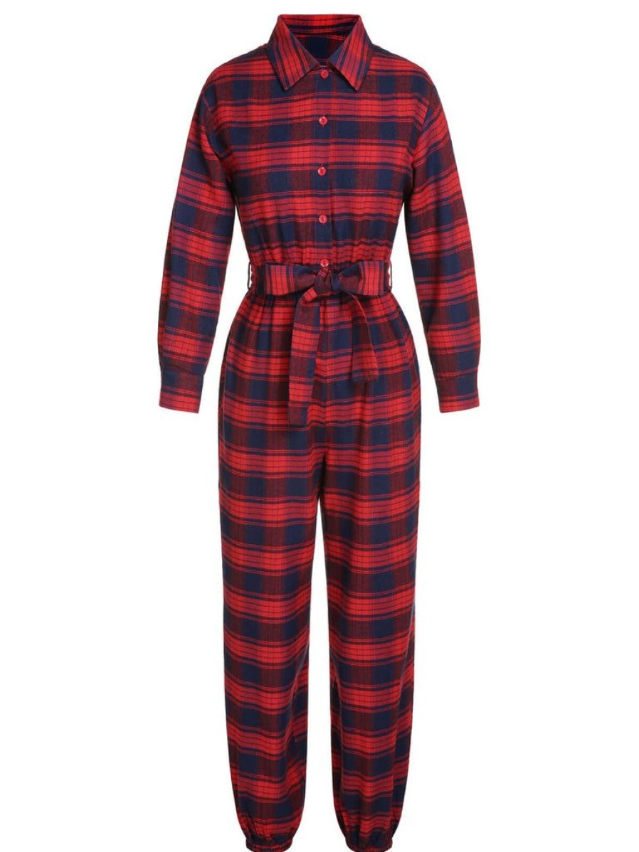 Clothing Retro Stage | 1930S Christmas Plaid Long Sleeved Lapel Jumpsuit Red