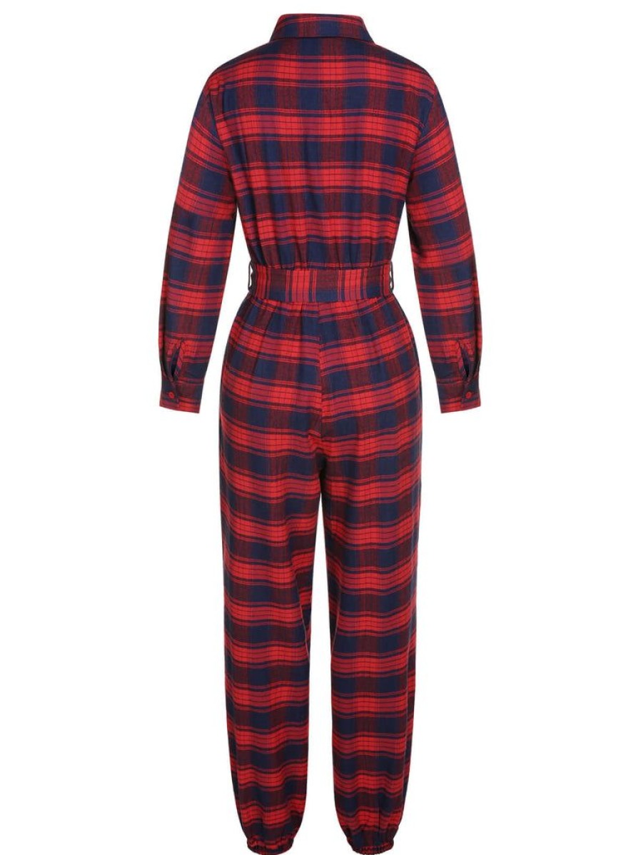 Clothing Retro Stage | 1930S Christmas Plaid Long Sleeved Lapel Jumpsuit Red