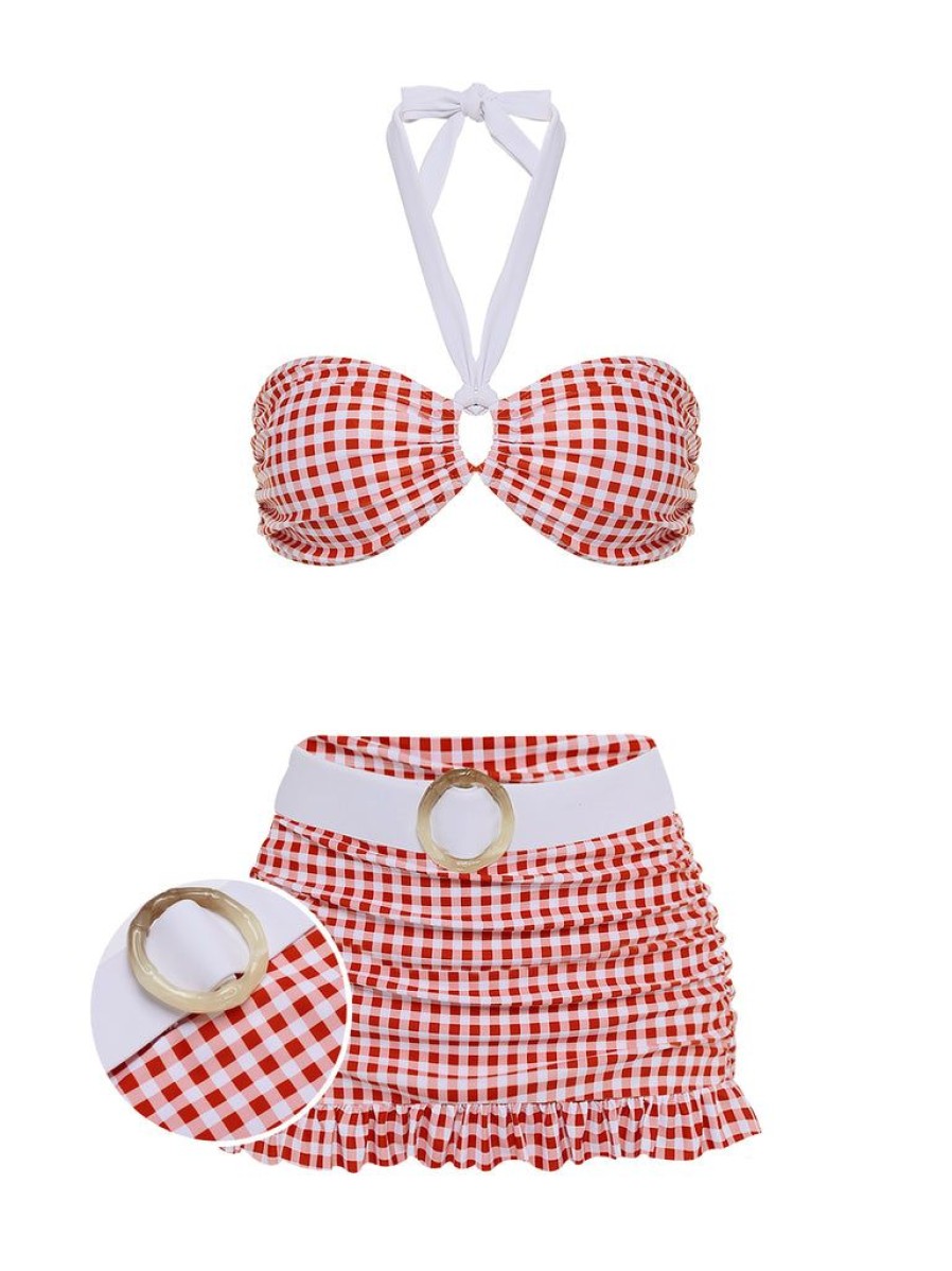 Clothing Retro Stage | Retro 1940S Plaid Halter Bikini Set Red