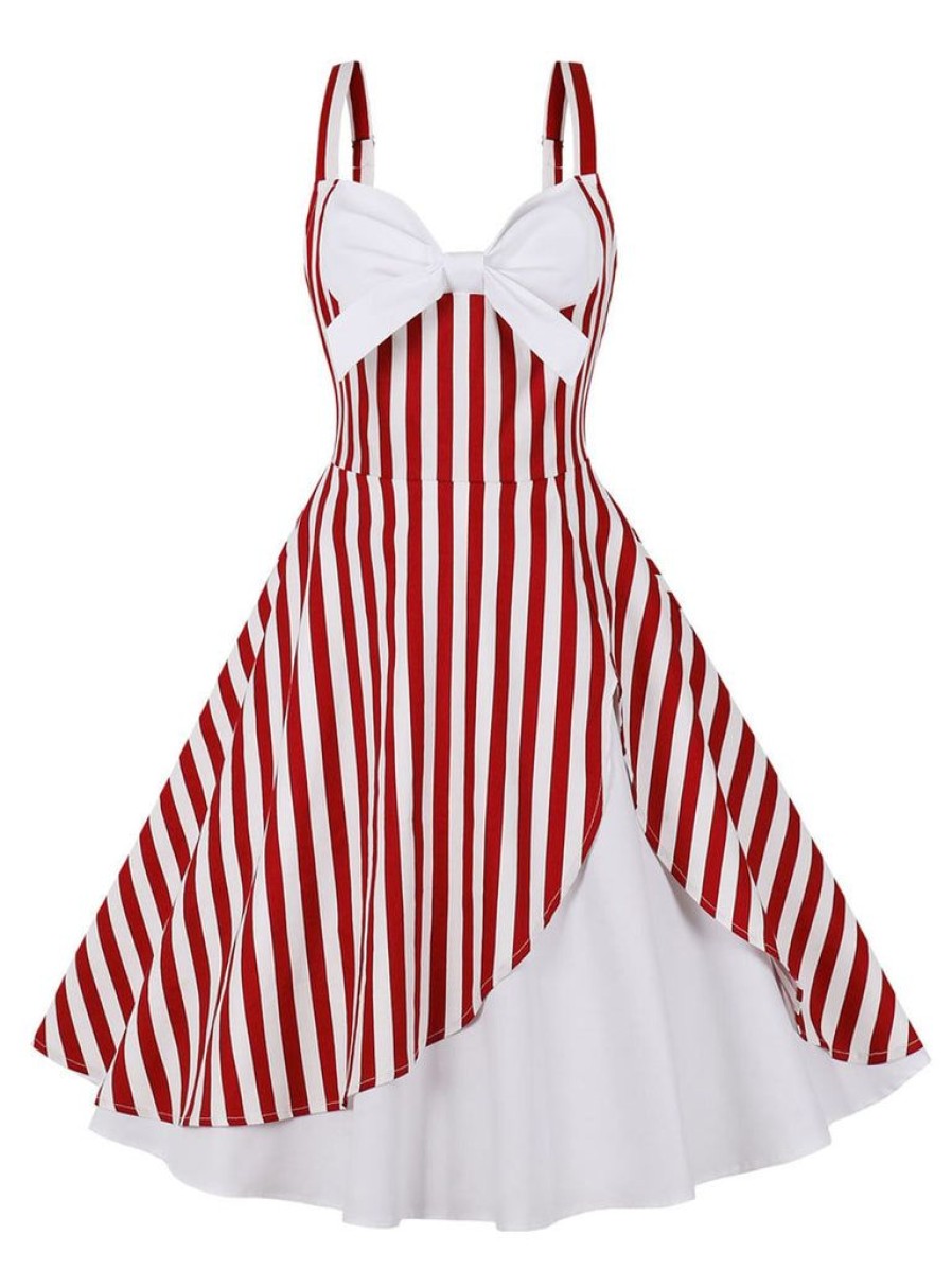 Clothing Retro Stage | 1950S Stripes Contrast Patchwork Strap Dress