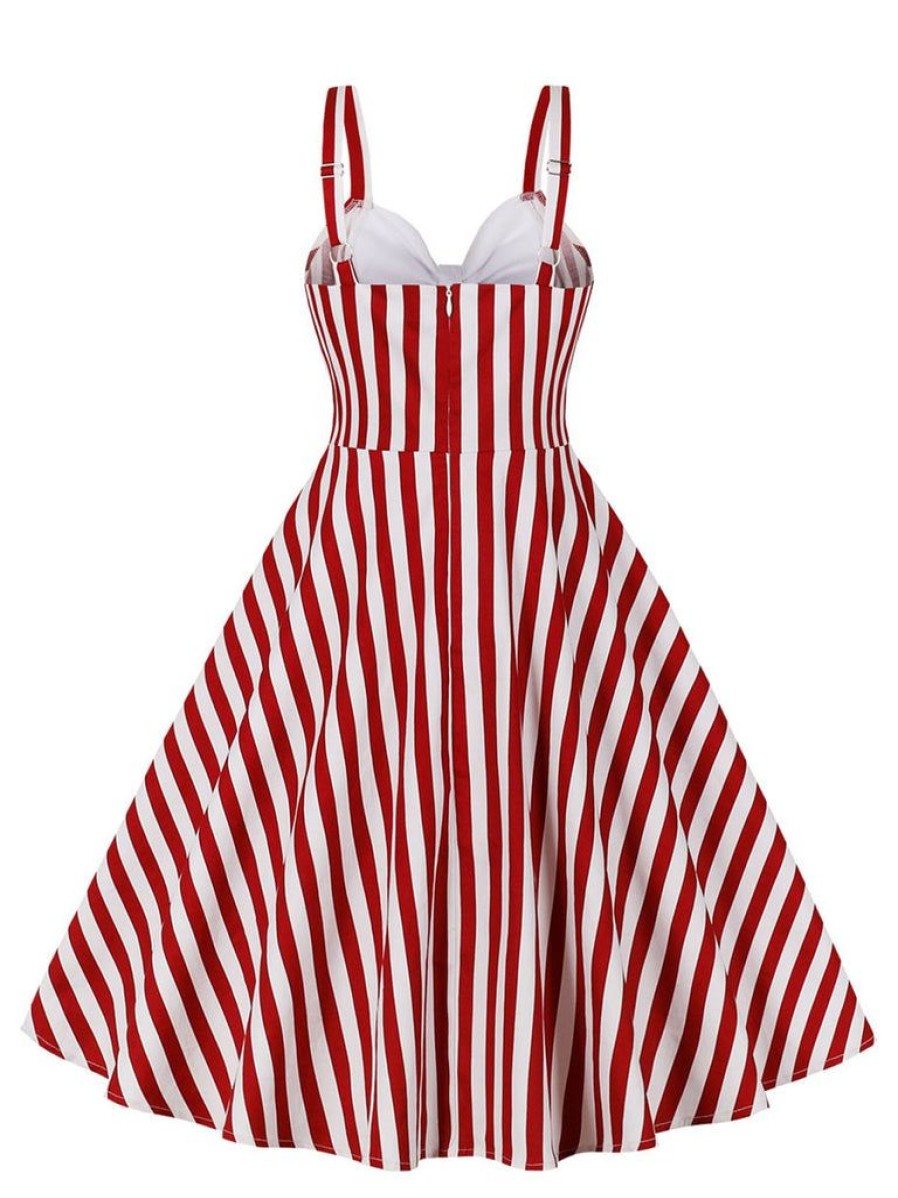 Clothing Retro Stage | 1950S Stripes Contrast Patchwork Strap Dress