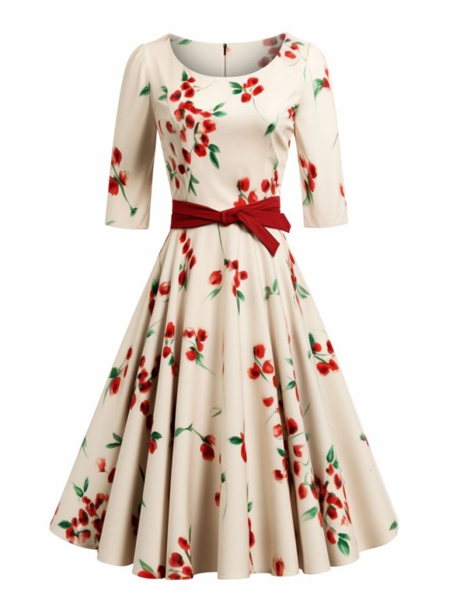 Clothing Retro Stage | [Pre-Sale] 1950S Floral Half Sleeve Belted Dress Beige