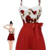 Clothing Retro Stage | 1950S Floral Strap Patchwork Romper Red